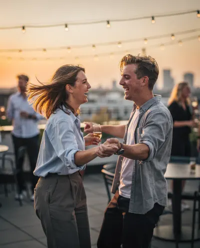 Stel danst op een dakterras in de schemering