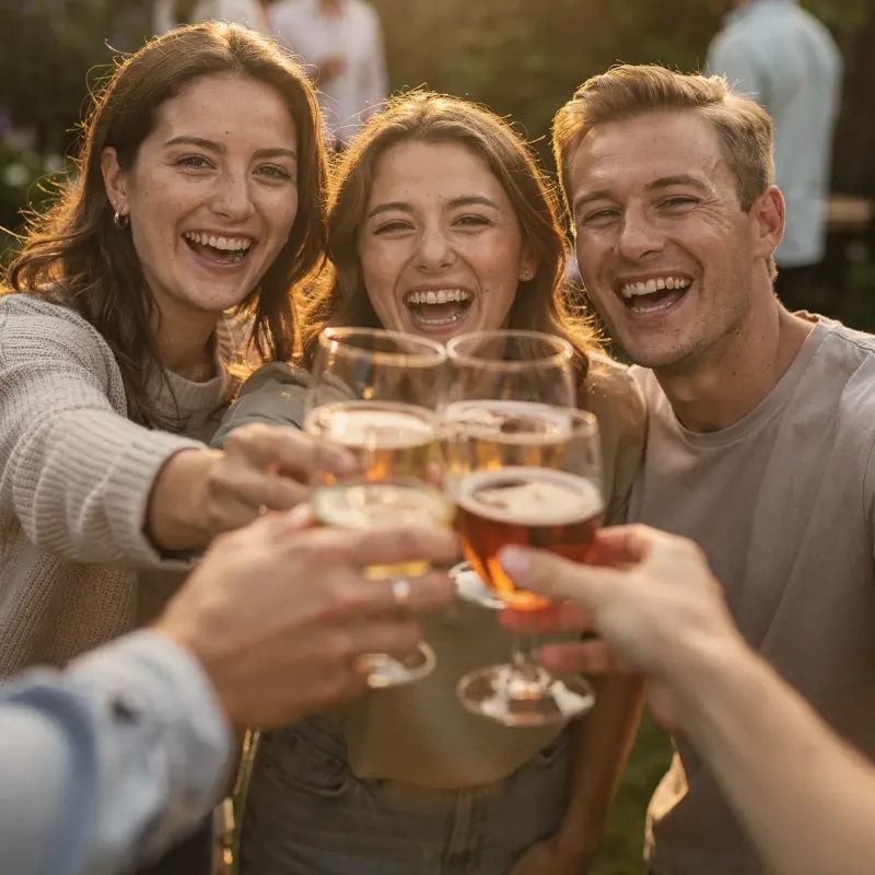 Vrienden heffen het glas in de tuin tijdens het gouden uur