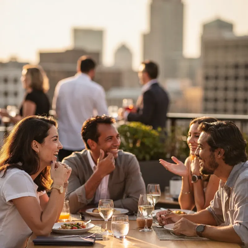 Collega's praten en lachen aan tafel op een dakterras bij zonsondergang
