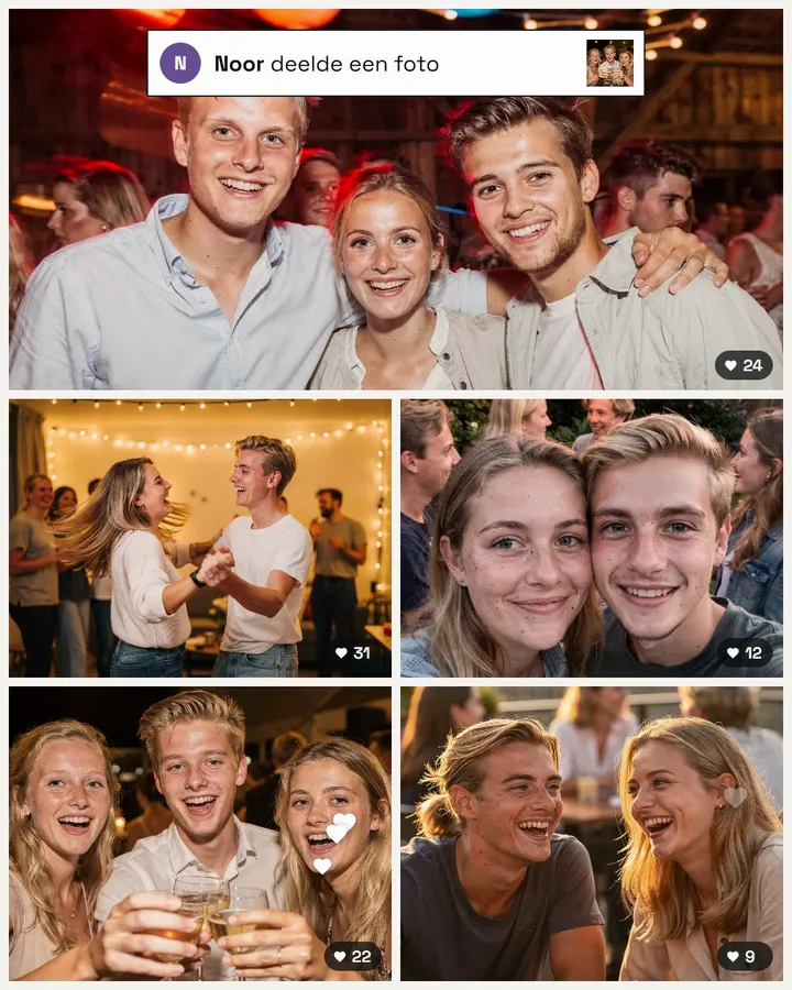 Instavent-galerij die live volloopt met foto's die gasten op een feest delen